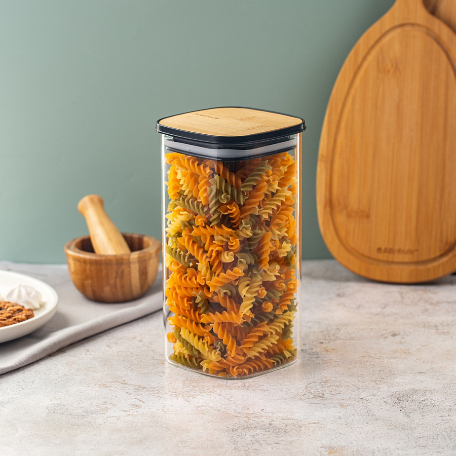 Банка из боросиликатного стекла для хранения сыпучих продуктов квадратная BAMBOO 1400мл