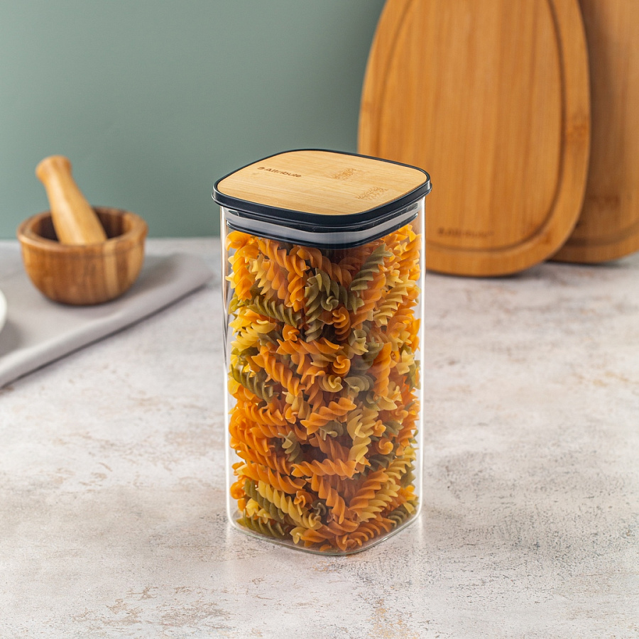 Банка из боросиликатного стекла для хранения сыпучих продуктов квадратная BAMBOO 1400мл